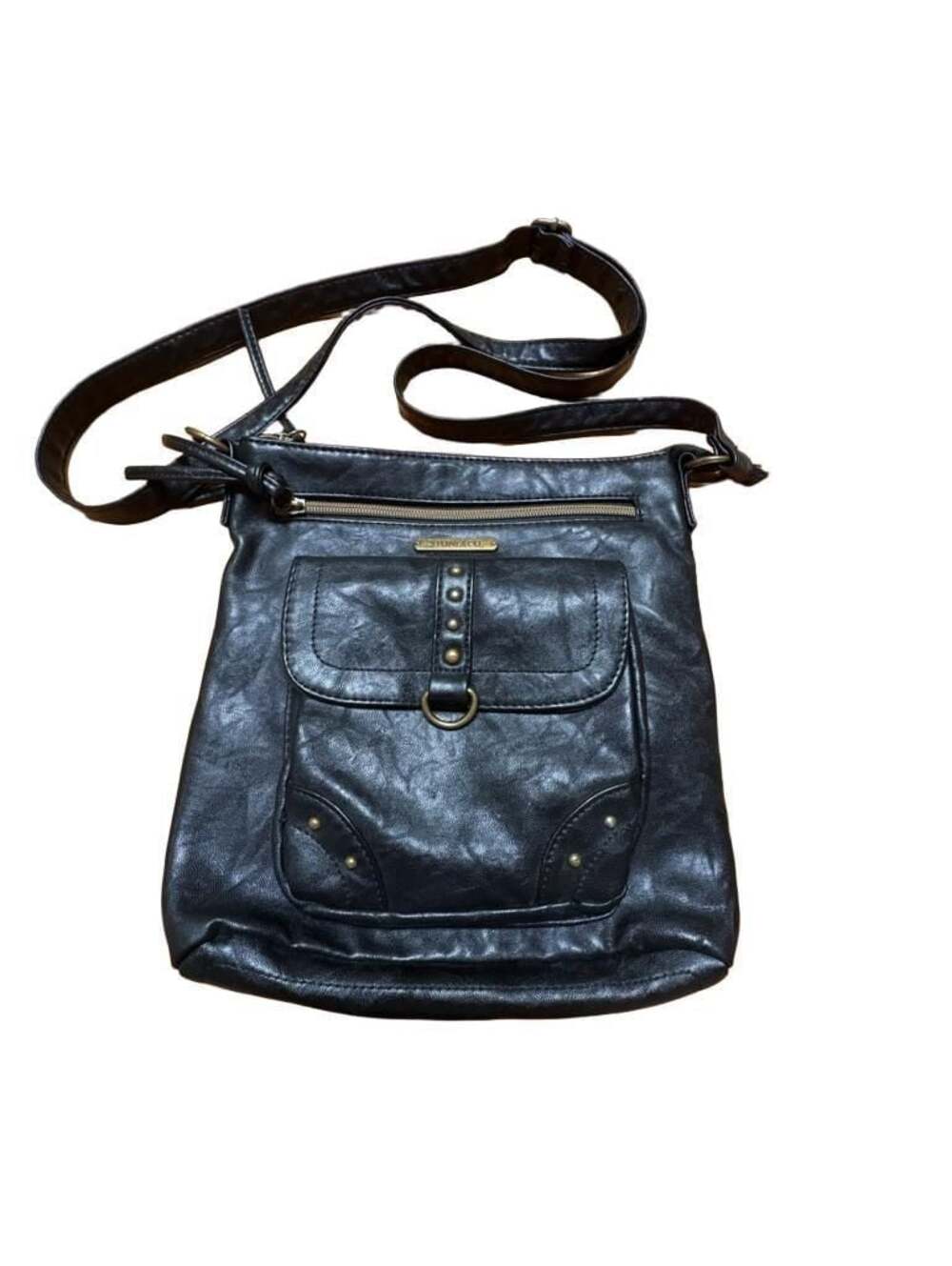 Stone & Co. Black Faux Leather Crossbody Bag with Brass Hardware